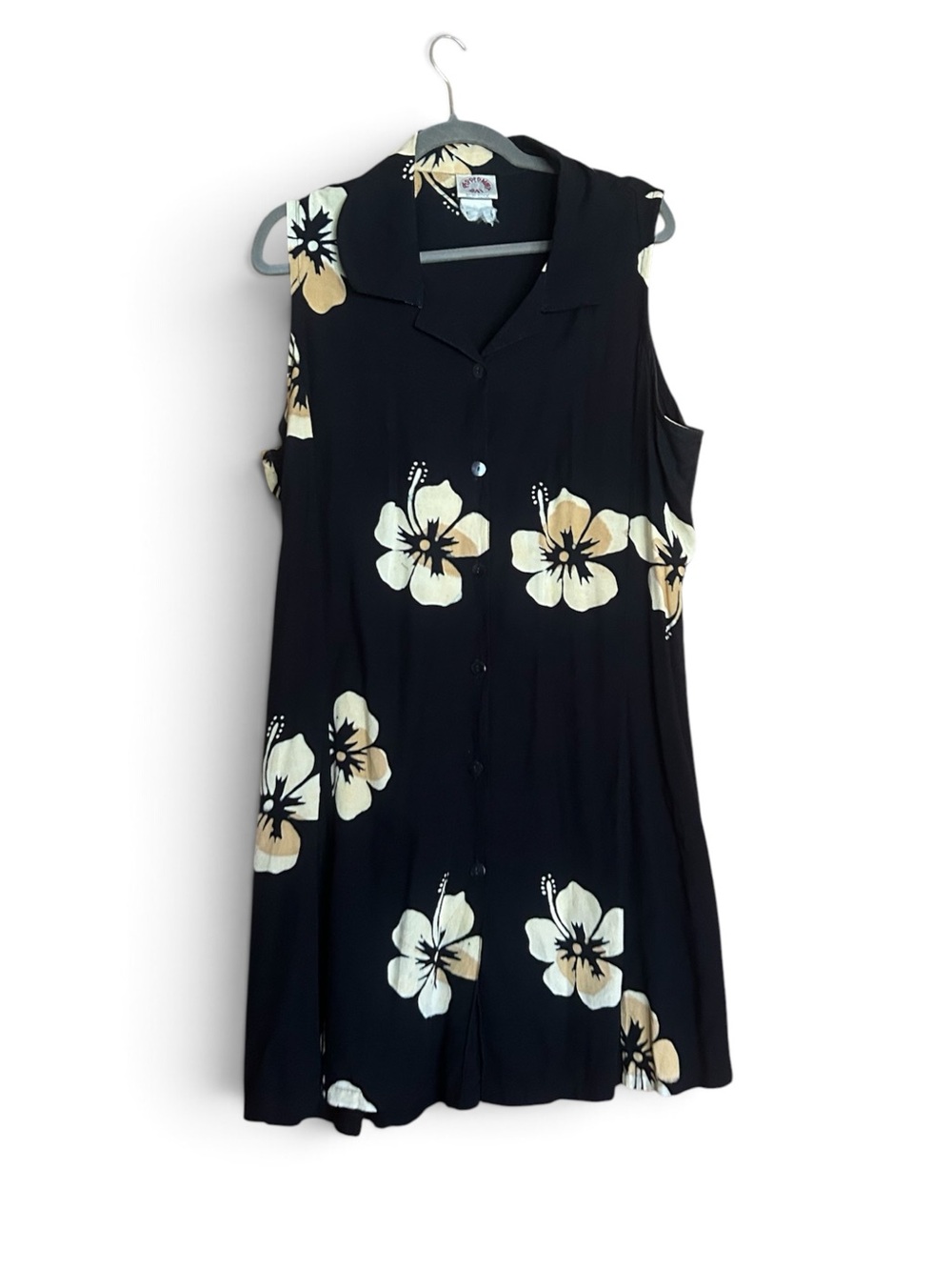 Vintage Peppermint Bay Hibiscus Dress Black Rayon Plus Size 1X XL 90s Hawaiian